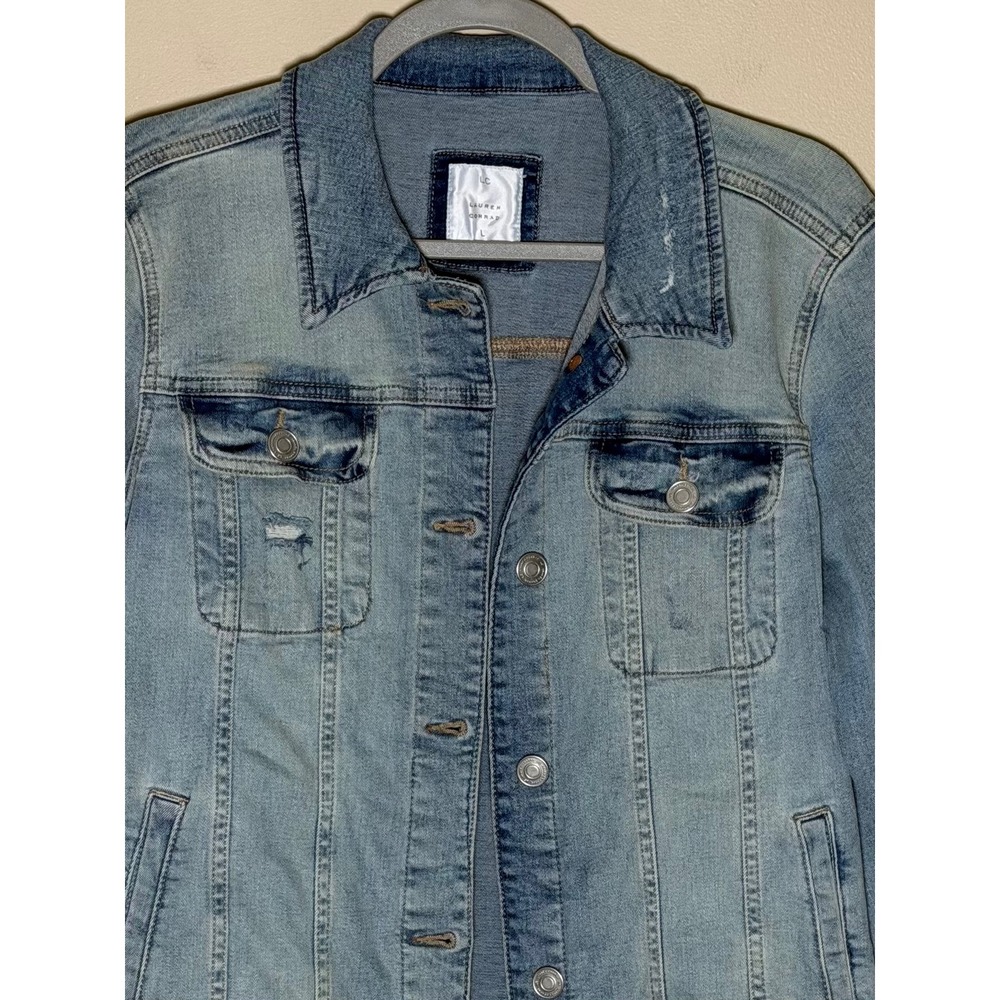 LC Lauren Conrad Blue Denim Jacket L Distressed Cotton Stretch Trucker Coat - Picture 4 of 7